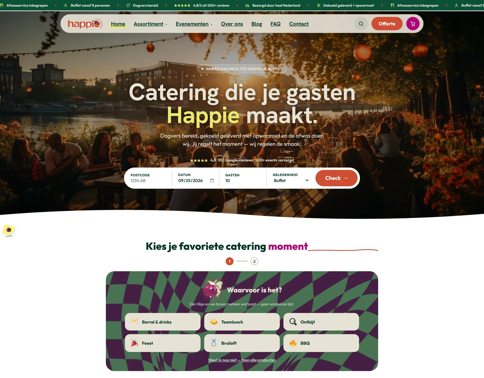 Happie Catering — homepage met bestel-check